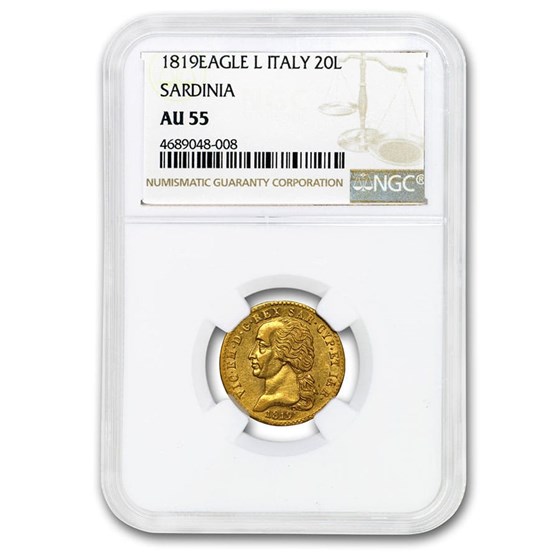 1819-L Eagle Sardinia Vittorio Emanuele I Gold 20 Lire AU-55 NGC 1819-L Eagle Sardinia Vittorio Emanuele I Gold 20 Lire AU-55 NGC